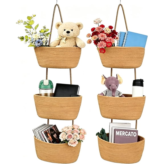 SAISI 1 Pack 3-Tier Cotton Rope Over The Door Hanging Storage Basket, Wall Mount Woven Hanging Organizer with Door & Adhesive Hooks for Bathroom Nursery Laundry Bedroom