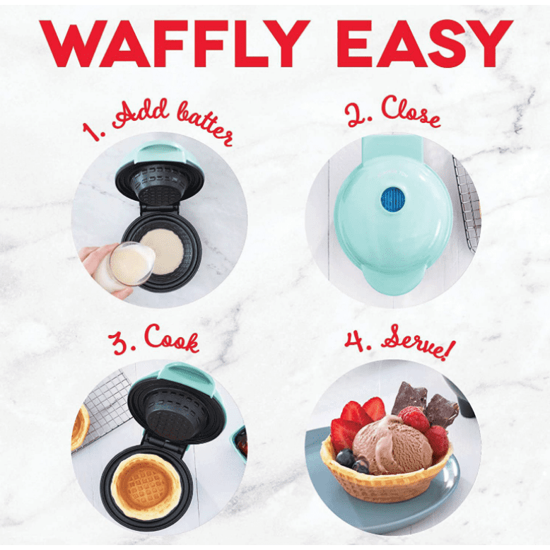 Salange Electric Waffle Bowl Maker - 350W Non-Stick Dessert Maker with Indicator Light for Ice Cream Bowls, Cones, and Breakfast Waffles, Turquoise