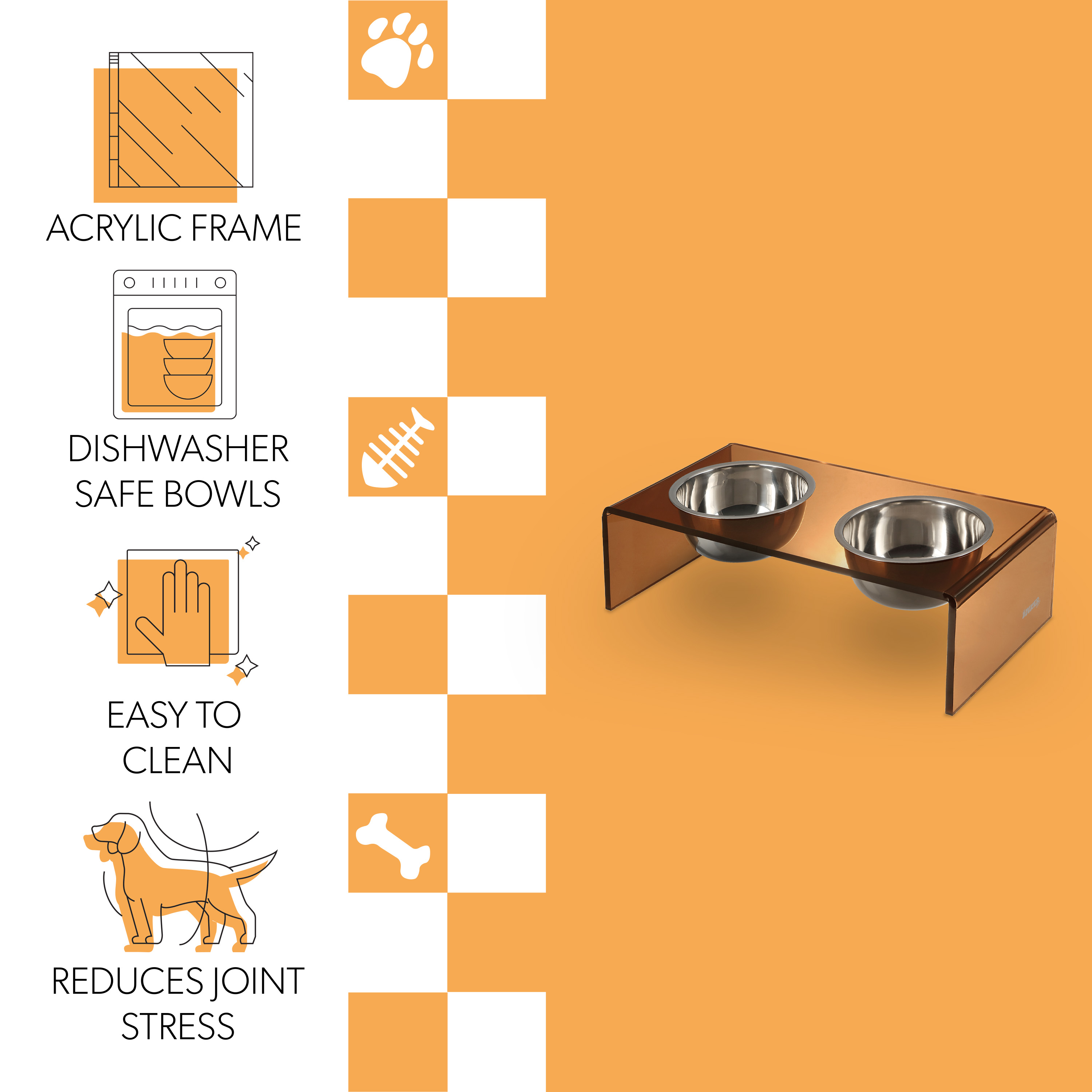 THE LICKER STORE Keaton 7.5" Medium/Large Modern Acrylic Rectangular Elevated Pet Feeder with 54oz 2-Stainless Steel Bowls, Amber/Chrome, DBL2001D