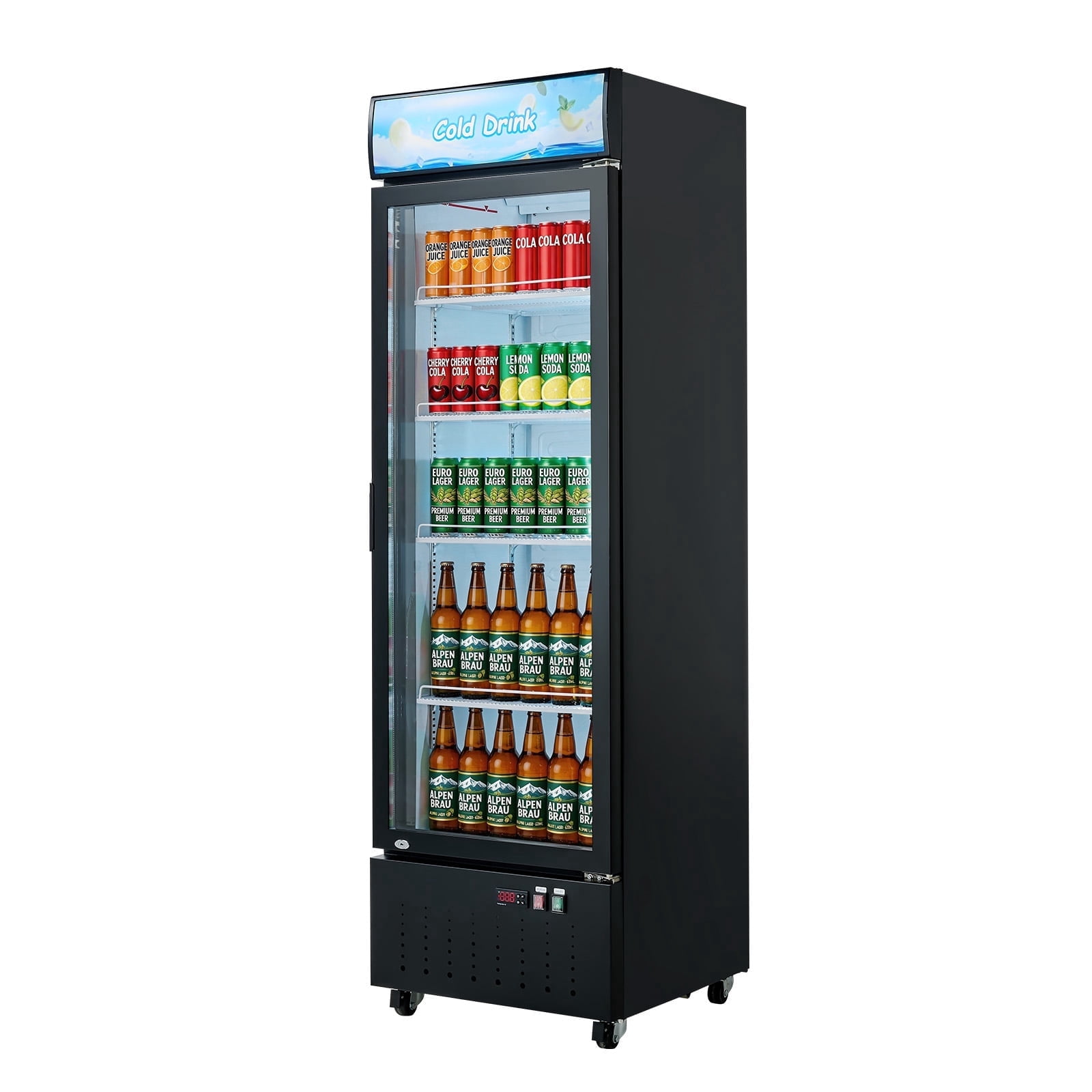 KFFKFF Commercial Glass Door Refrigerator, 12.7 Cu.Ft / 360 L Upright Beverage Cooler with Adjustable Shelves, LED Lighting, and Customizable Lightbox for Home or Retail Use