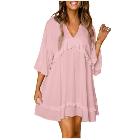 Short White Dresses For Graduation  Chiffon Ruffle Dresses 3/4 Sleeve V Neck Casual Beach Vacation Mini Dresses Black Shoes Long Formal Dress Cotton Women Dresses (S  Pink) ZMTing