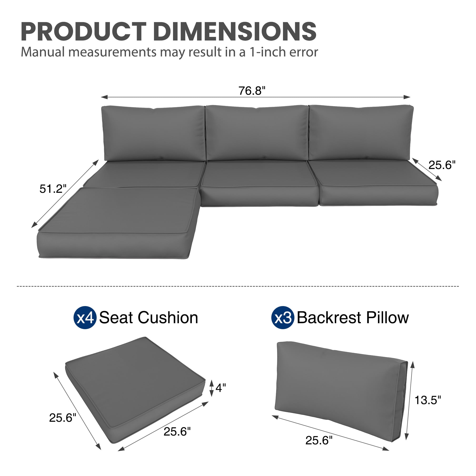 MRUAKA Outdoor Cushions for Patio Furniture, 7-Piece Replacement Cushions for Outdoor Furniture, Water-Resistant Patio Cushions, Outdoor Couch Cushions for 4-Seat Outdoor Sectional Sofa (Grey)