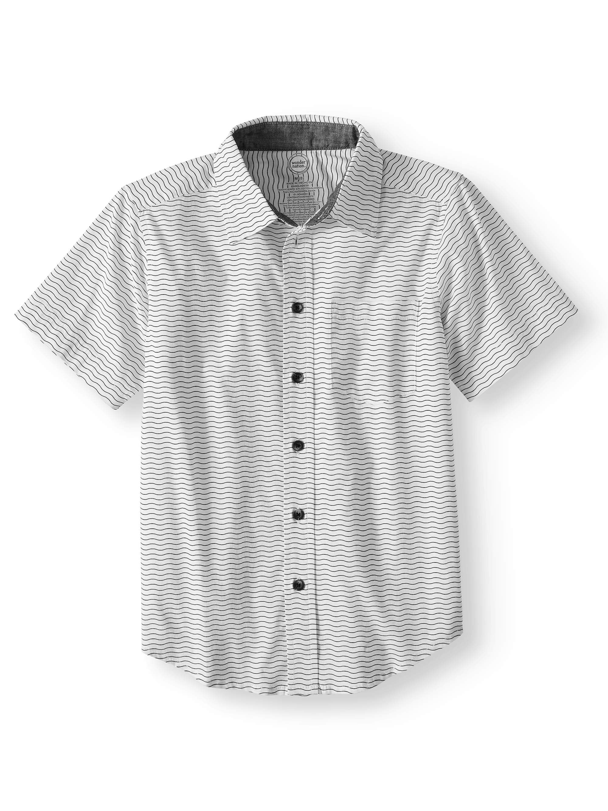 Wonder Nation Short Sleeve Stretch Button Up Wavy Stripe Shirt (Little ...