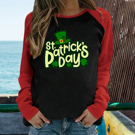 Lilgiuy Women's Spring Patchwork St. Patrick's Day Printed Long Sleeves Round Neck Casual Tee Tops Blouse for Going Out