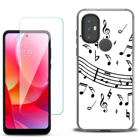 Slim-Fit Gel TPU Phone Case for Motorola Moto G Power 2022, with Tempered Glass Screen Protector, by OneToughShield ® - Music Notes / White