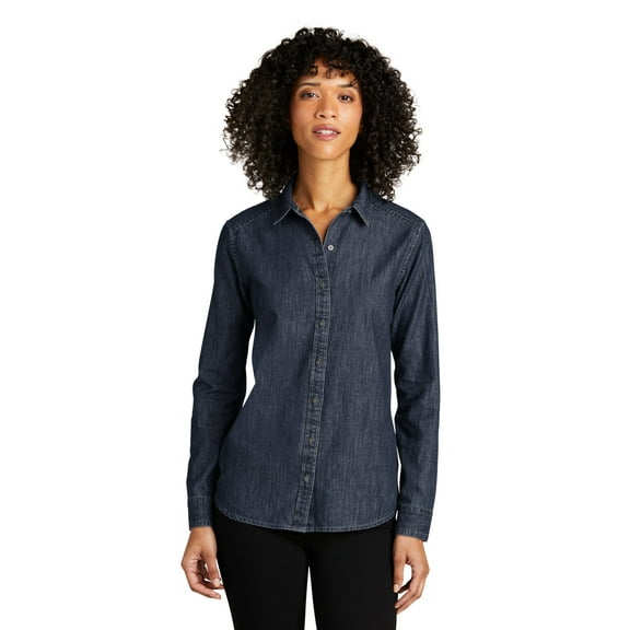 Port Authority LW676 Ladies Long Sleeve Perfect Denim Shirt, Dark Wash, 3XL