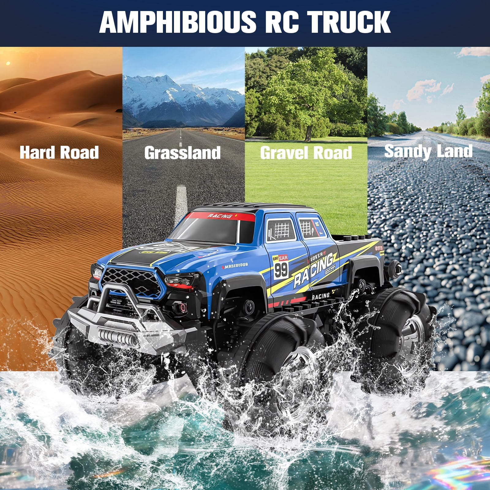 Amphibious RC Monster Truck/Boat, IPX7 Waterproof Remote Control Car, 2.4GHz 4WD RC Car 360°Rotation,LED Light,40mins Play RC Truck Toys for Kids Boys 6-12