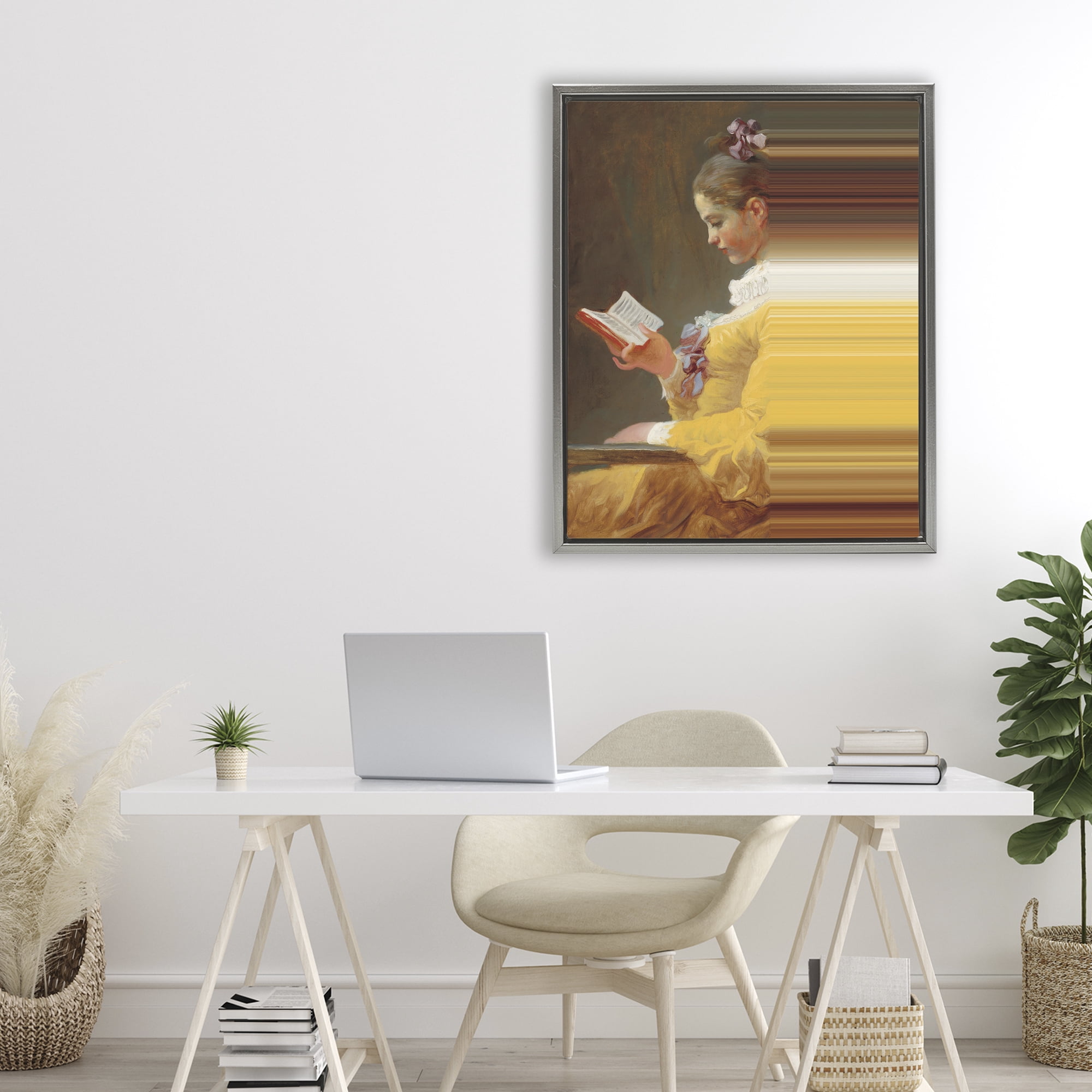 Vintage Lady Reading with Gradient Streaks Gray Framed Floater Canvas Wall Art, design by Seven Trees Design