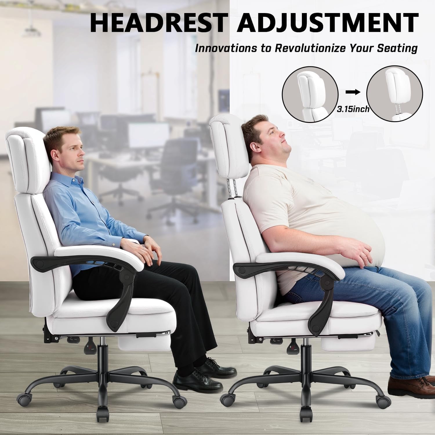Big and Tall Office Chair 400lbs Capacity, Ergonomic Executive Chair with Linkage Armrests, Adjustable Headrest, Retractable Footrest & Lumbar Support, High Back PU Leather Desk Chair,White