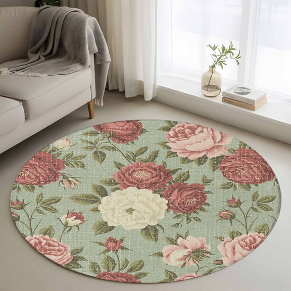 Spring Flower Round Area Rug 3.3Ft Washable Circle Rugs for Dining Room Table, Farmhouse Vintage Country Floral Plant Green Non-Slip Carpet Floor Mats Indoor Outdoor Carpet Runner Home Decor