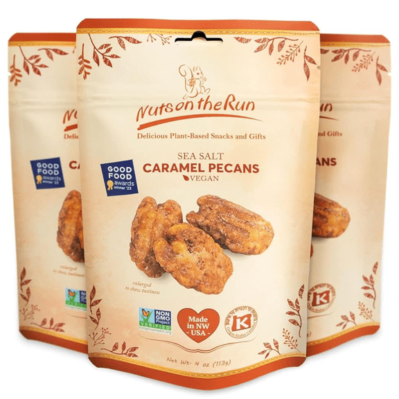 Nuts on the Run Sea Salt Caramel Pecan Pralines – Candied Pecans with Salted Caramel - Vegan, Gluten-Free, Kosher, Non-GMO Glazed Pecans – 4oz (Pack of 3 Pouch Bags) Handmade Snacks