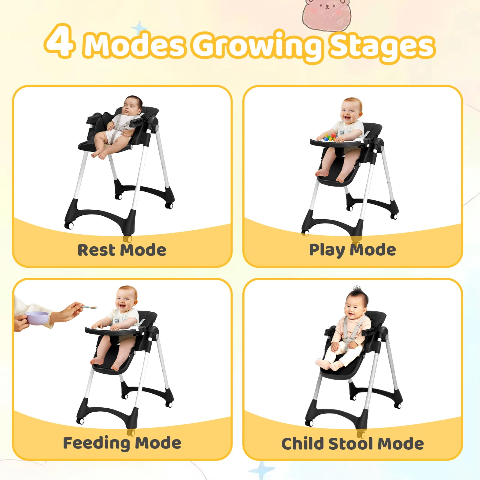 PEXMOR 4 in 1 Portable Baby High Chair, Convertible Foldable Highchair, Adjustable Height & Recline Positions, Black