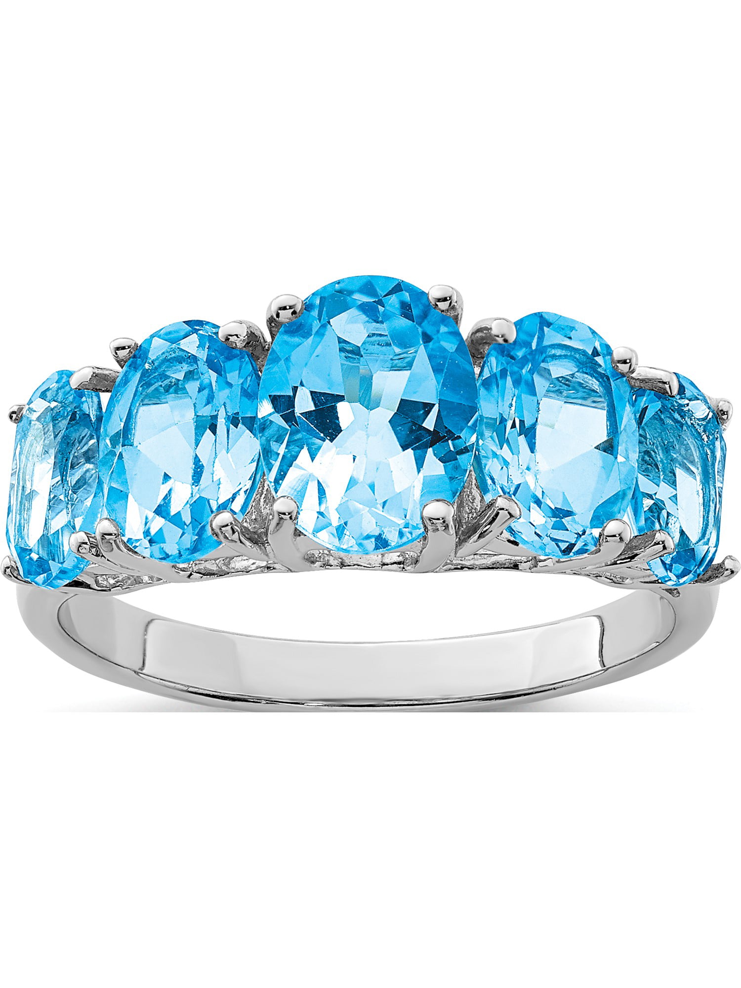 Sterling Silver Rhodium Light Swiss Blue Topaz 5 Stone Ring