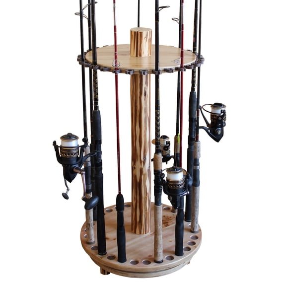 Rush Creek Creations Rustic Wood Round Spinning 30 Fishing Rod Storage Rack with 360 Degree Swivel Base