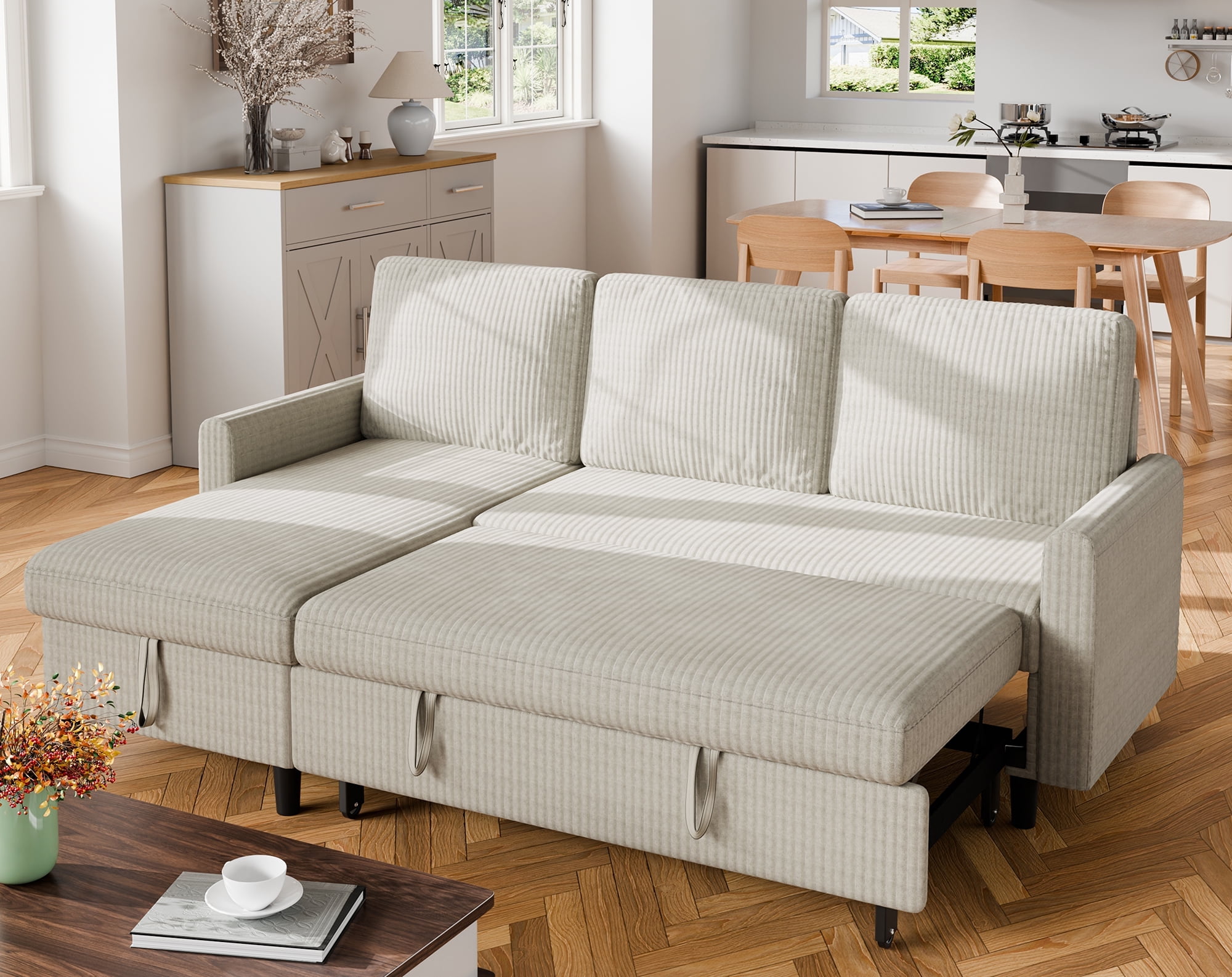 Walsunny Pull Out Sectional Sleeper Sofa Bed L Shape Couches with Reversible Storage Chaise for Living Rooms Small Rooms Apartment,White