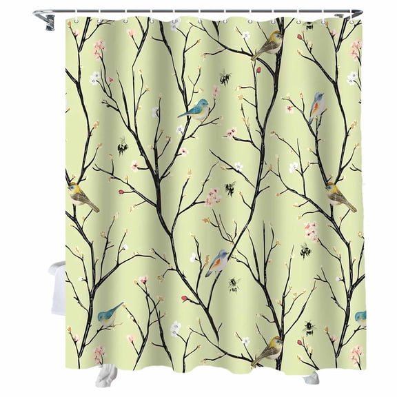 Shower Curtains Bird Bath Curtain Vintage Floral Tree Branch Green Waterproof Bathroom Shower Curtain Set with Hooks Decoration 72 x 72 Inches