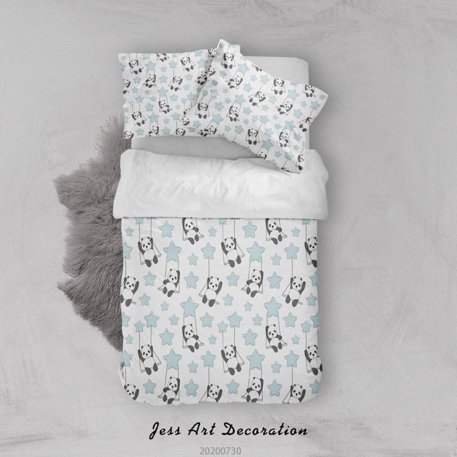 3D Cartoon Azul Estrella Panda Funda de edredón Juego de ropa de cama Funda de edredón Fundas de almohada
