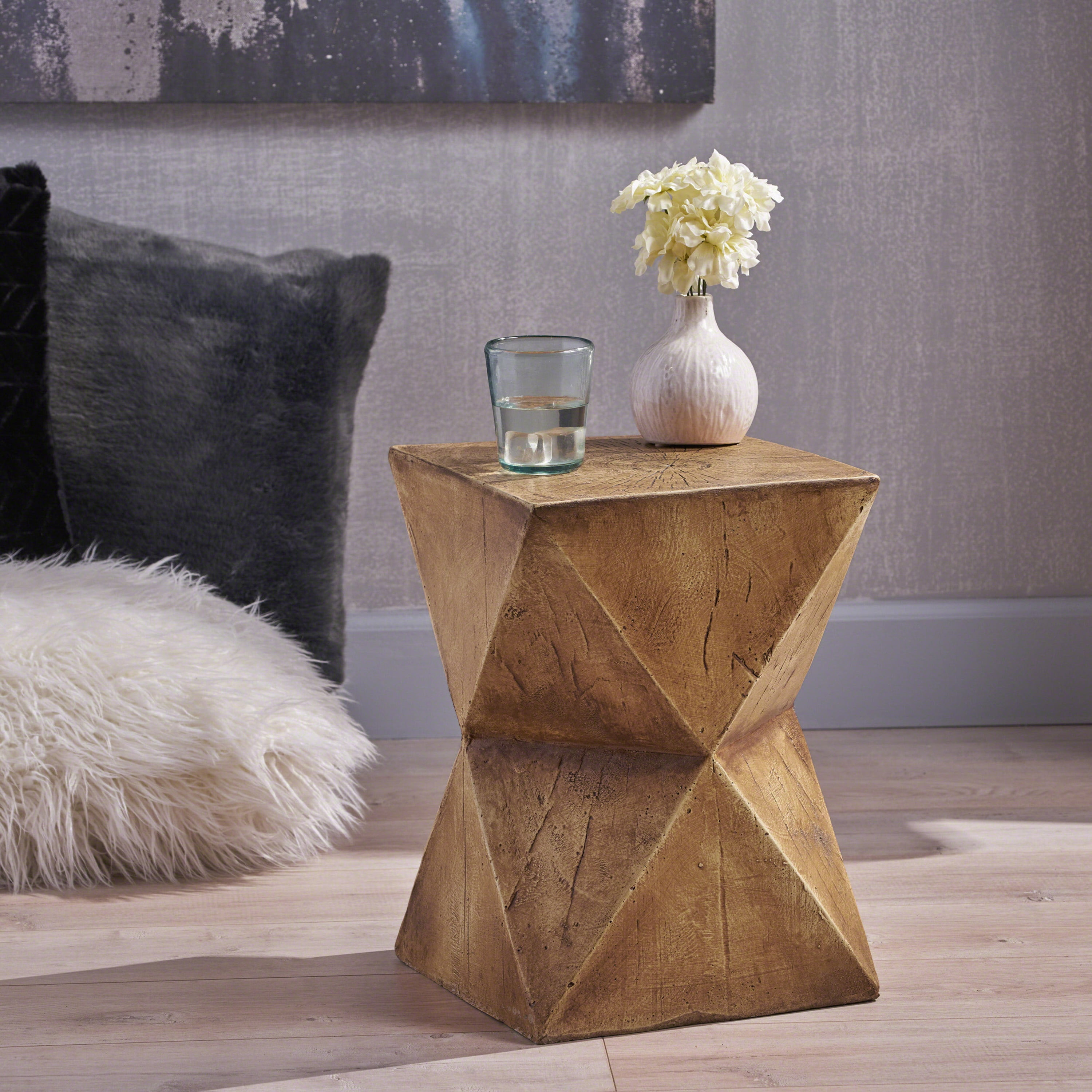 Outdoor Abstract Hourglass Side Table, Wood Look Concrete Accent Table for Patio Garden