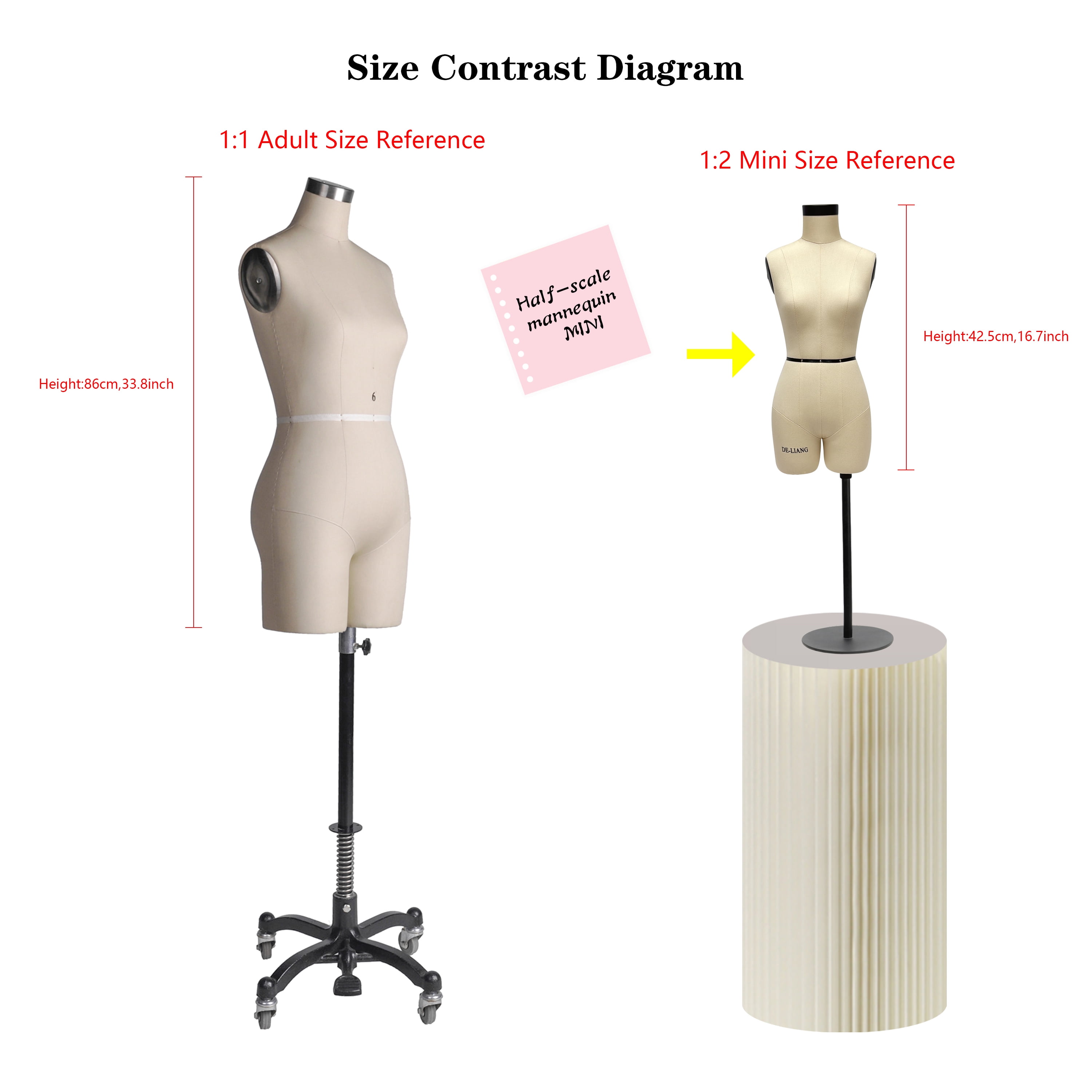 DE-LIANG Half Scale Dress Form（Not Adult Full Size） 1:2 Miniature Sewing Half Size Mannequin Not Fully Pinable Dressmaker Dummy 43cm Body Height Female Torso Tailor Model for Draping Beige