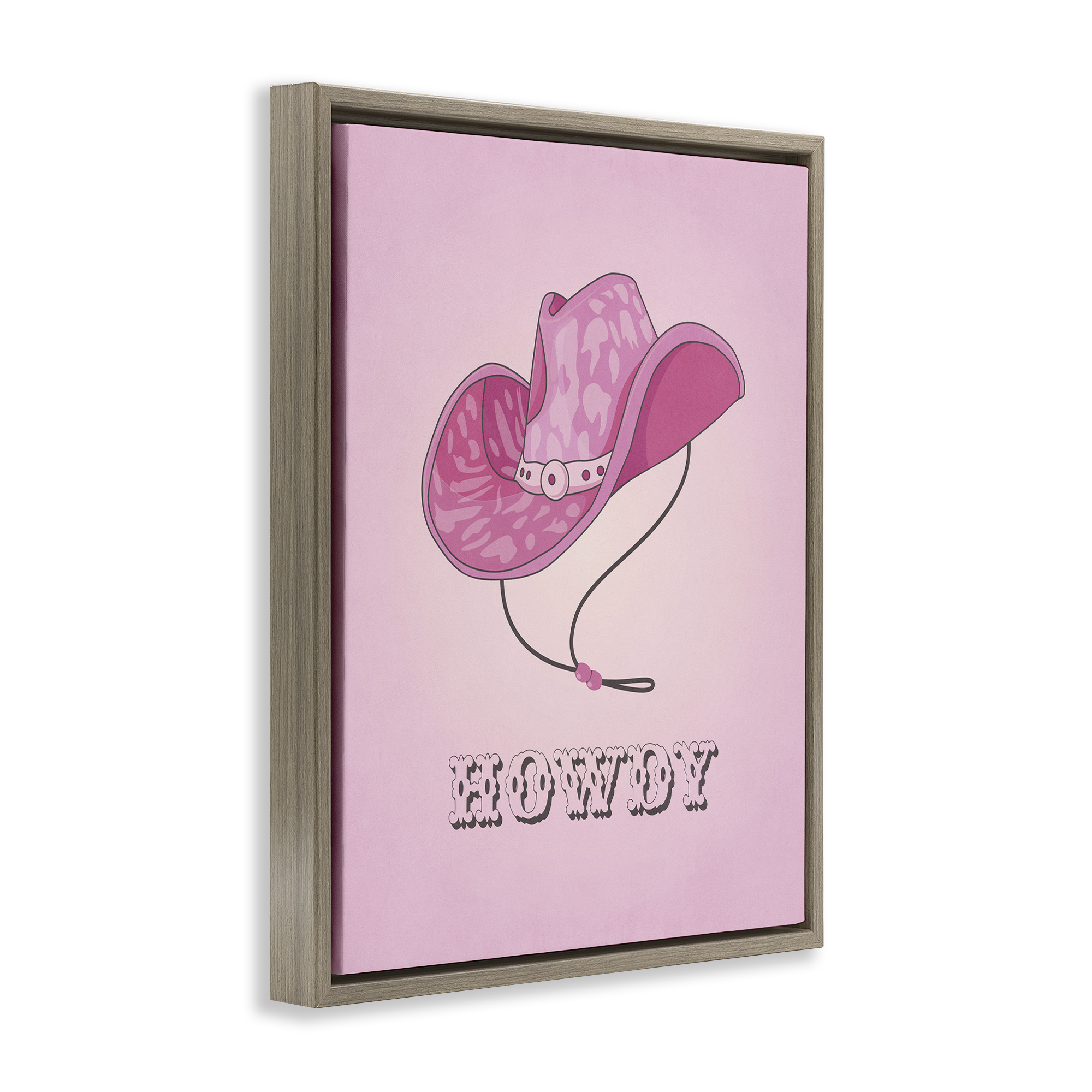 Stupell Industries Howdy Pink Cowgirl Hat Entertainment Painting Brown Floater Framed Canvas Art Print Wall Art, 17 x 21