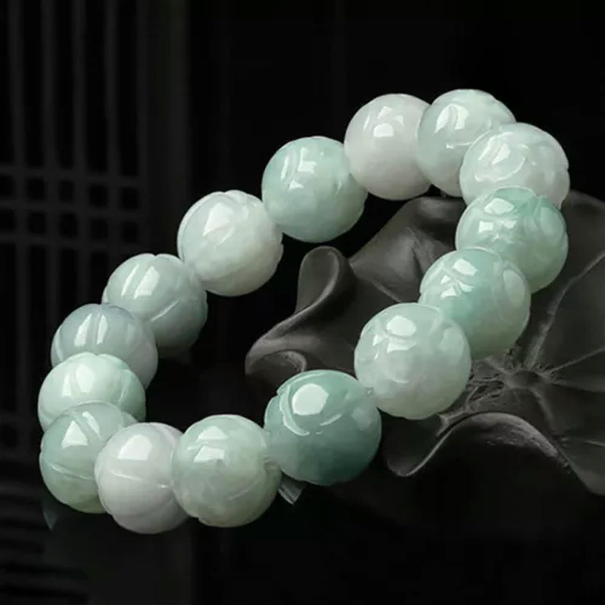 HOOUN Natural A-Grade Jade Bracelet Lotus Beaded Jade Bracelet for Men and Women-13.5mm