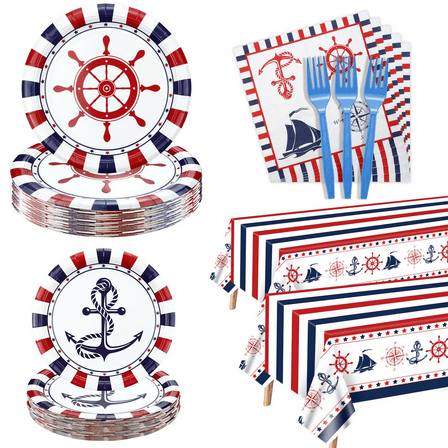 162 Pcs Nautical Party Decorations, Anckor Theme Birthday Supplies with Plates, Napkins, Nautical Tablecloth Forks for Kids Birthday Sailor Party Baby Shower Serves 40