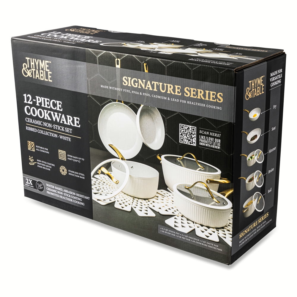 Thyme & Table 12-Piece Ceramic Non-Stick Signature Cookware Set, Non-Toxic Pots and Pans Set- White & Gold