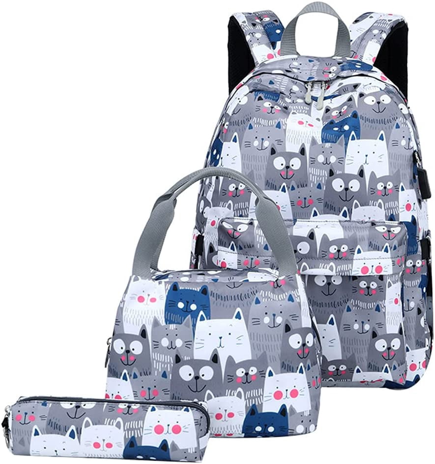QWZNDZGR School Backpack Sets 3pcs Cat Prints Daypack For Teens Girls Primary School Students