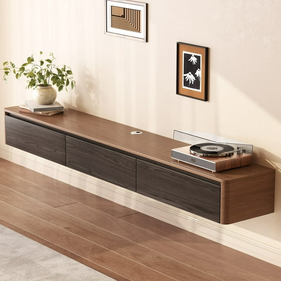 Guyii Floating TV Stand, 66.92" Wall Mounted TV Stand for 55/65/75 Inch TVs, Modern Media Console Table with 3 Doors, Wall Floating Entertainment Center for Living Room Bedroom, Walnut