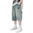 thumbnail image 2 of UACY Jean Shorts for Boys Baggy Embroidery Elastic Waist Fashion Cargo Jeans Straight Leg Loose Fit Outdoor Casual Jorts (Blue, 13-14 Years), 2 of 9