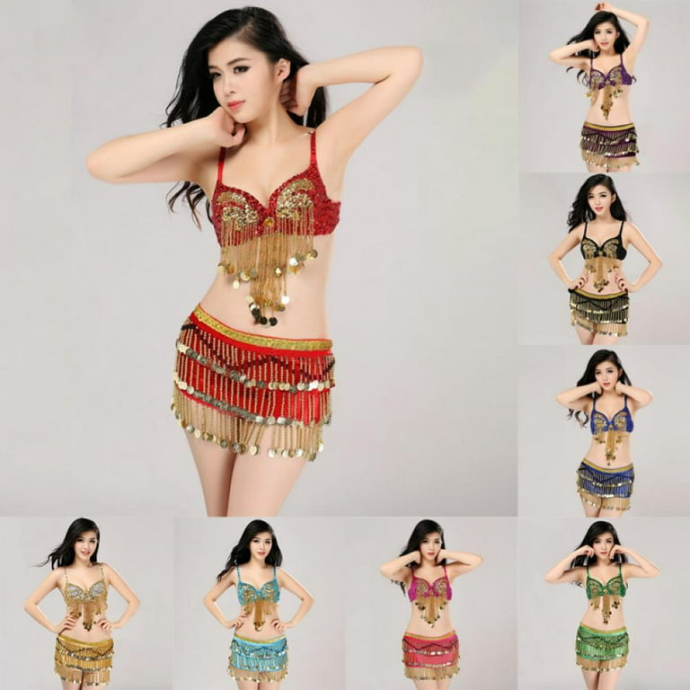 Women's Latin Belly Dance Costume Padded Bra Top & Hip Scarf with