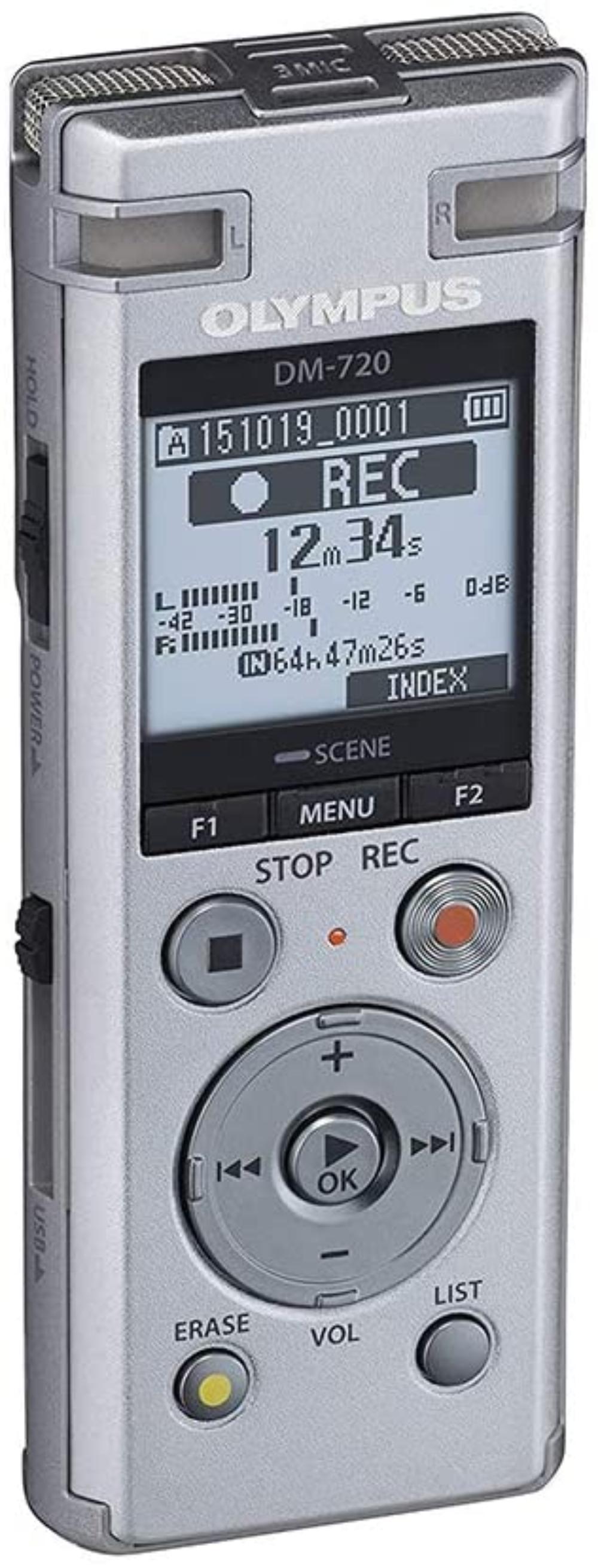 Olympus Voice Recorder DM-720 with 4GB, Micro SD Slot, USB Charging, Direction PC Connection, Transcription Mode, Silver, 4GB built in memory (985 hours) By Visit the Olympus Store
