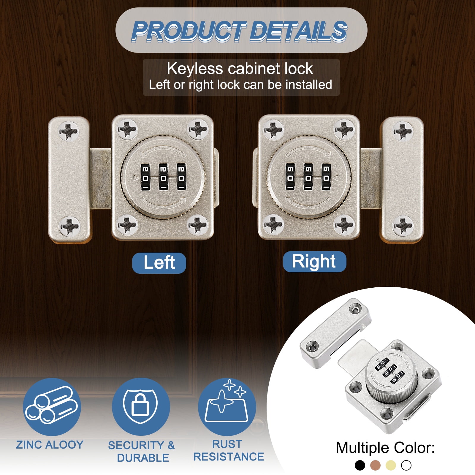 Cabinet Combination Lock Twist Knob Keyless Lock 3-Digit Password Latch Lock for Small Door Silver