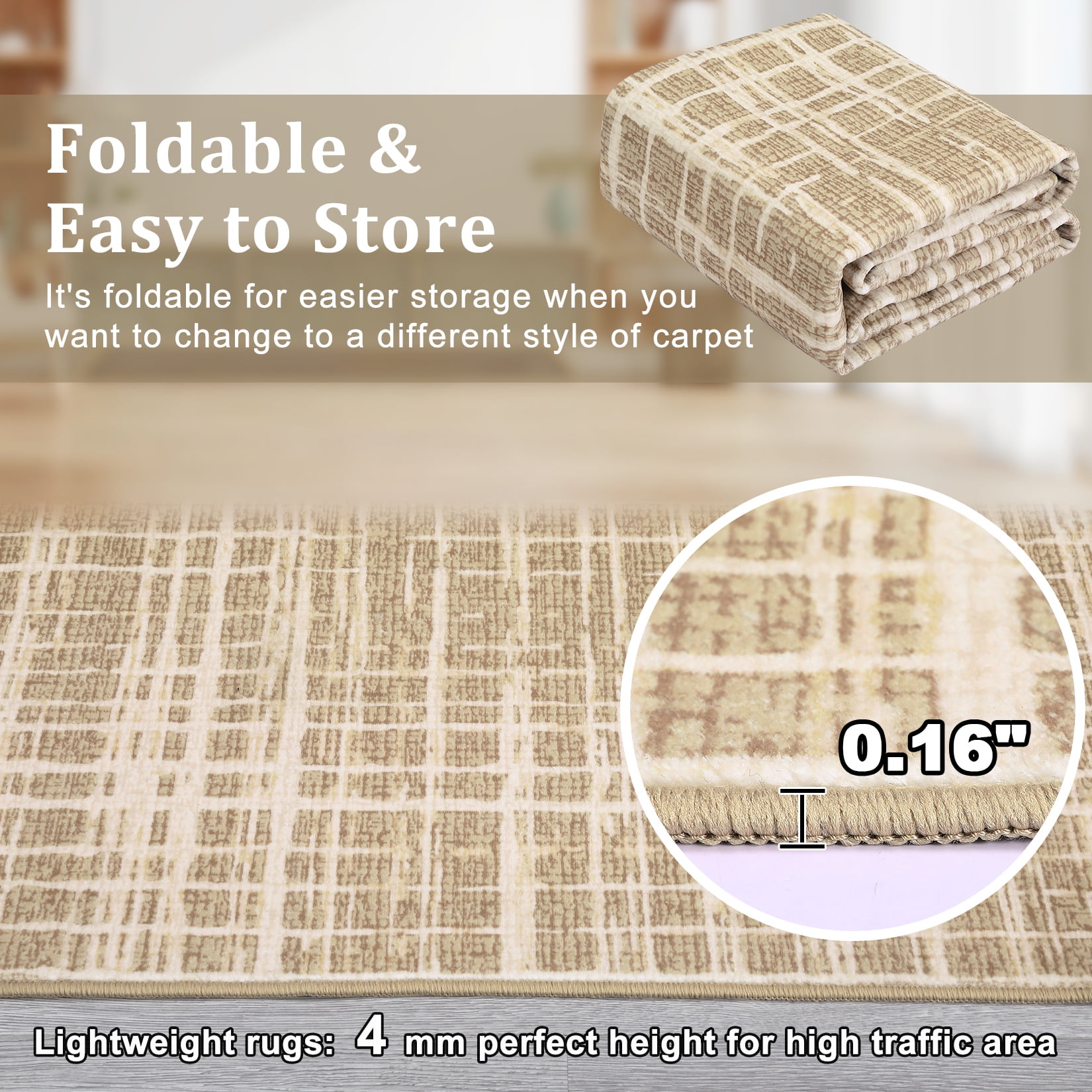 Hasoo Washable Large 10' x 13' Geometric Grid Area Rug for Living Room Soft Indoor Carpet, Camel