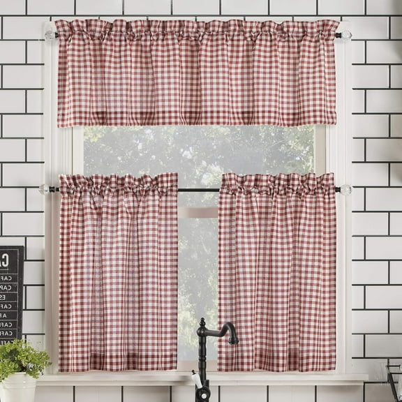 Parkham Farmhouse Plaid Semi-Sheer Rod Pocket Kitchen Curtain Valance and Tiers Set, 54" x 24", Red/White