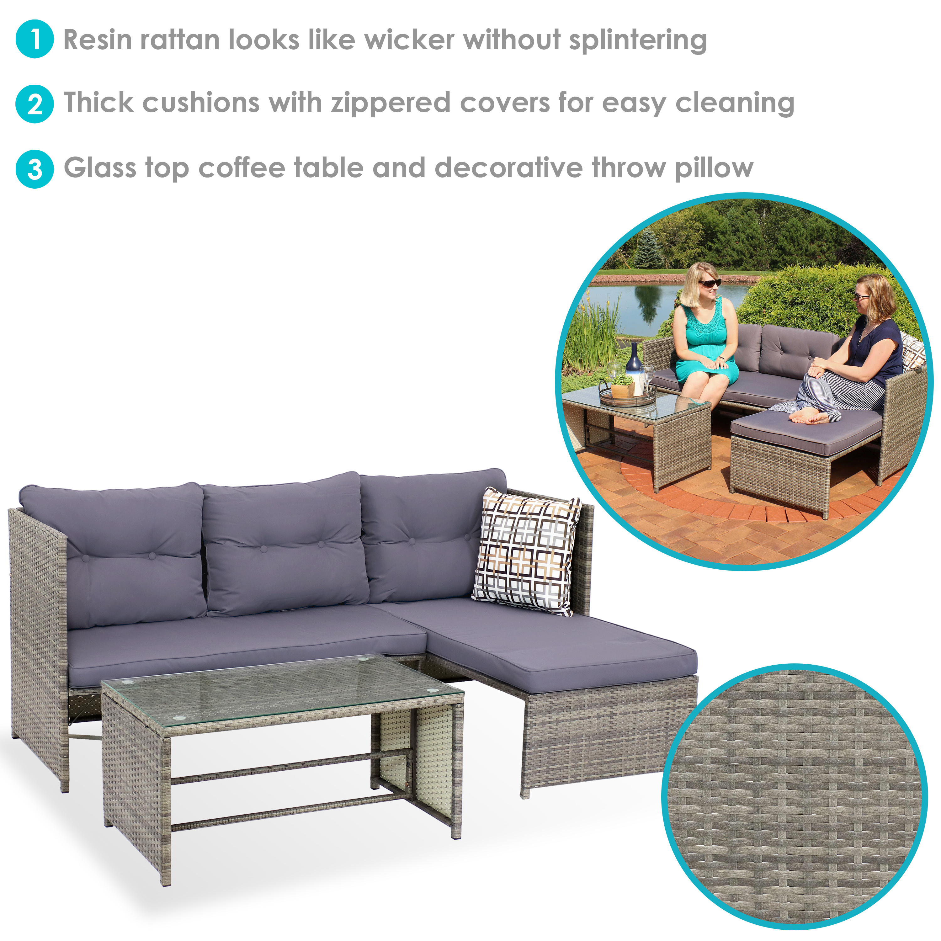 Sunnydaze Longford Outdoor Patio Sectional Sofa Set with Cushions - Charcoal - image 4 of 12