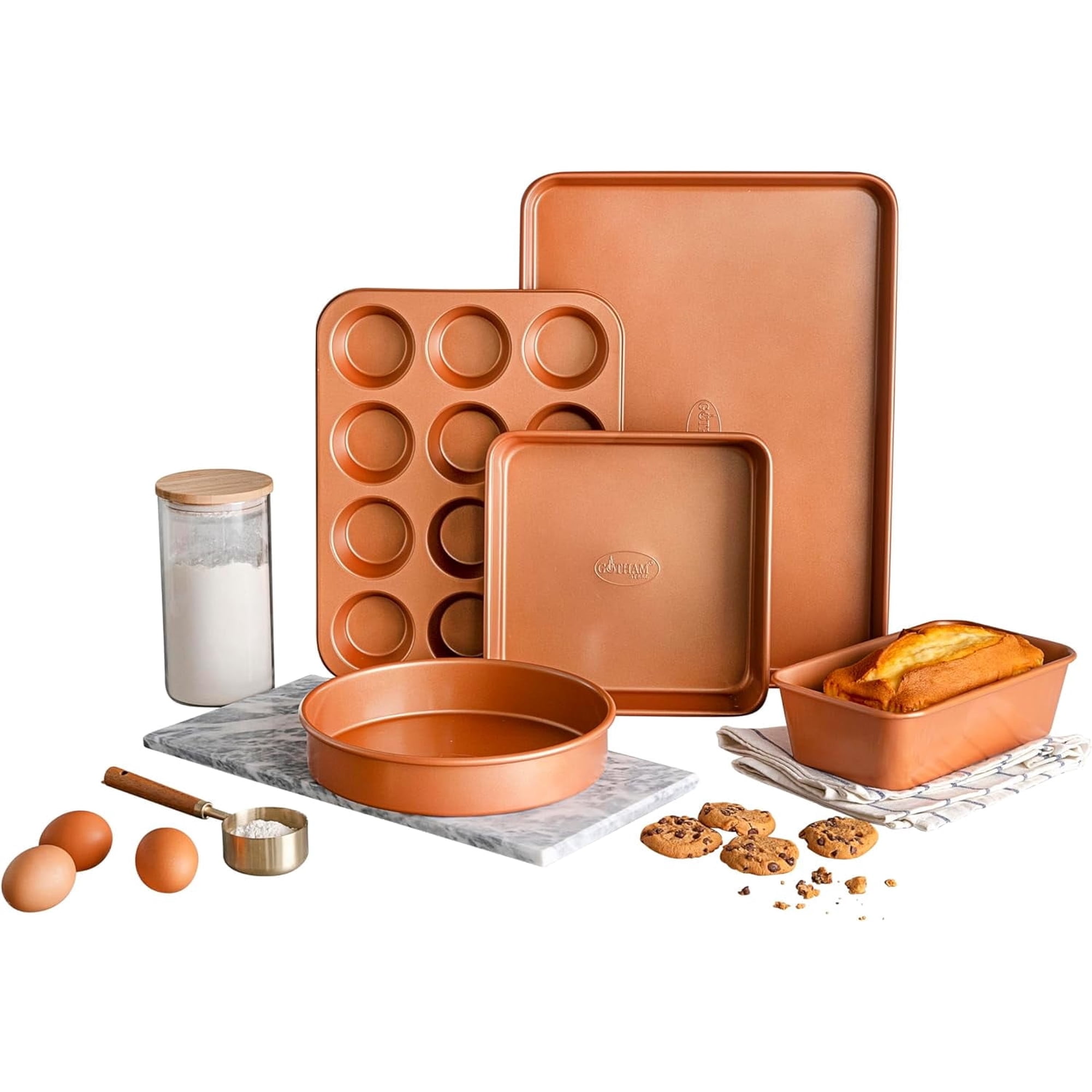 Gotham Steel Non Stick Ceramic Bakeware Set, 5 Piece Baking Set, Baking Pans Set with Round & Square Baking Pan, Muffin Pan, Loaf Pan & Baking Sheet, Oven/Dishwasher Safe