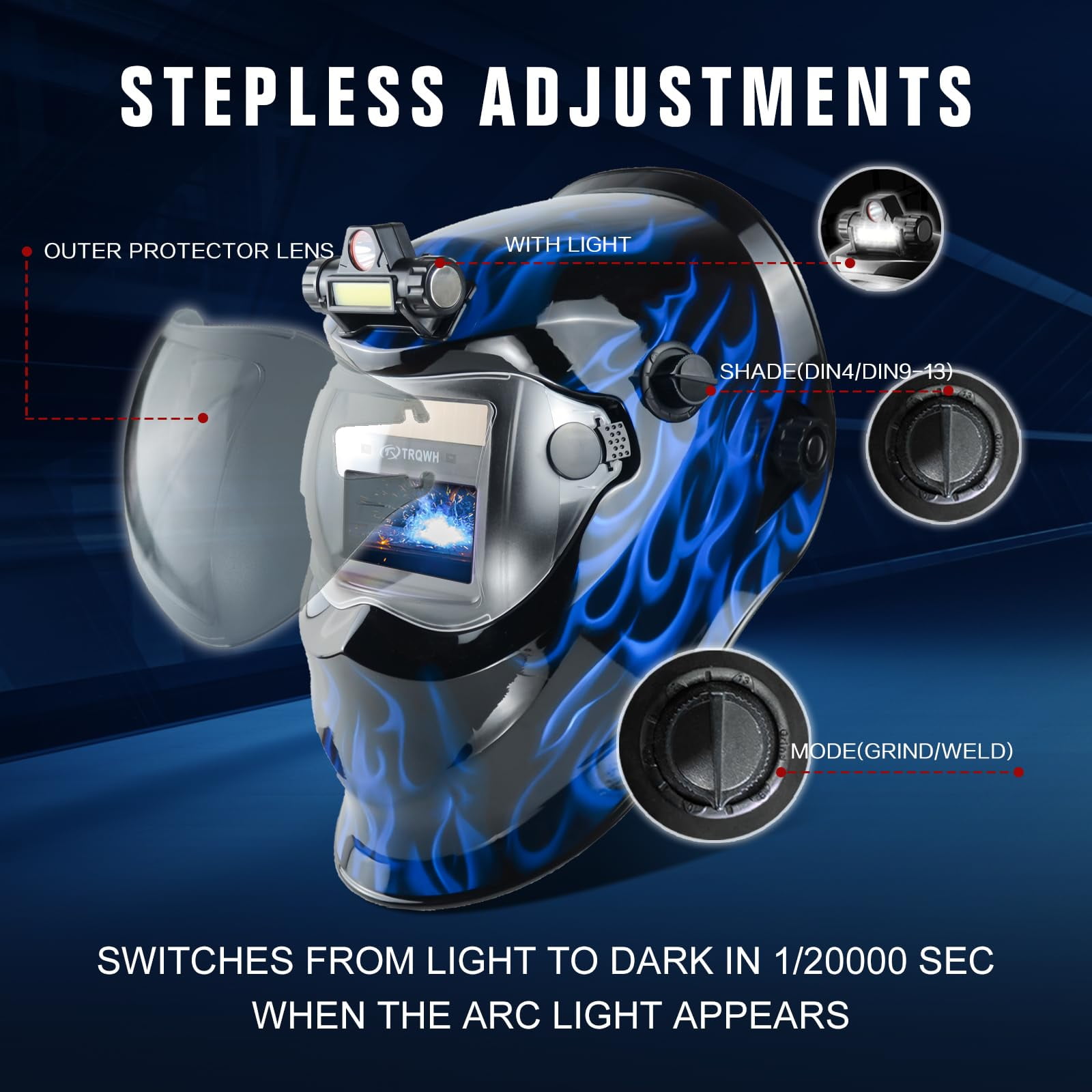 Auto Darkening Welding Helmet with Light Solar Powered True Color Welding Hood 2 Arc Sensor Wide Shade 9-13 Welding Mask with Extra Grinding Mode Weld Helmet