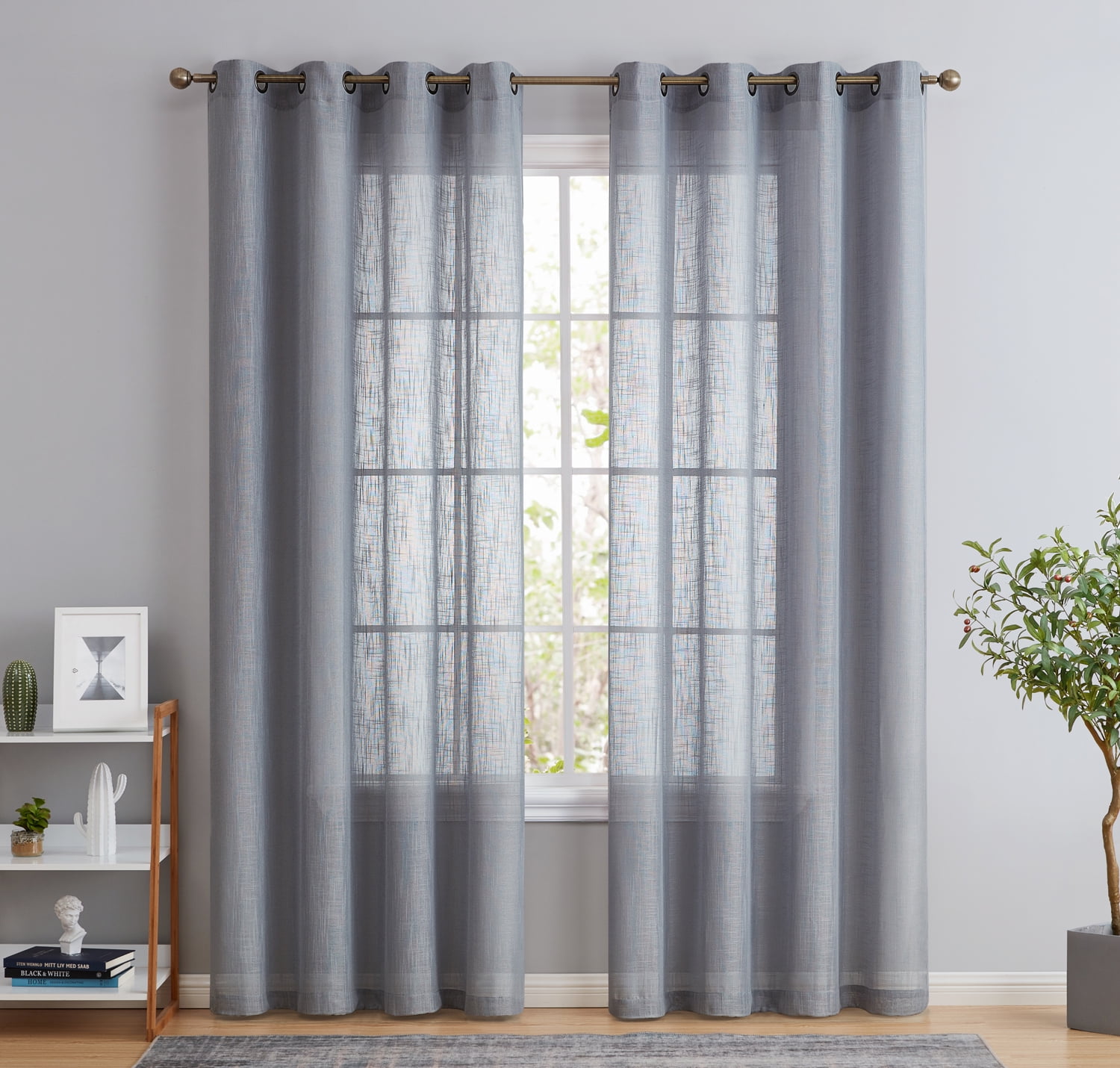 Green Sheer White Curtains for Living Room 72 Length Grey Tree Branches Print Curtain Set Linen Textured Semi-Sheer Window Drapes for Bedroom Grommet Top 2 Panels