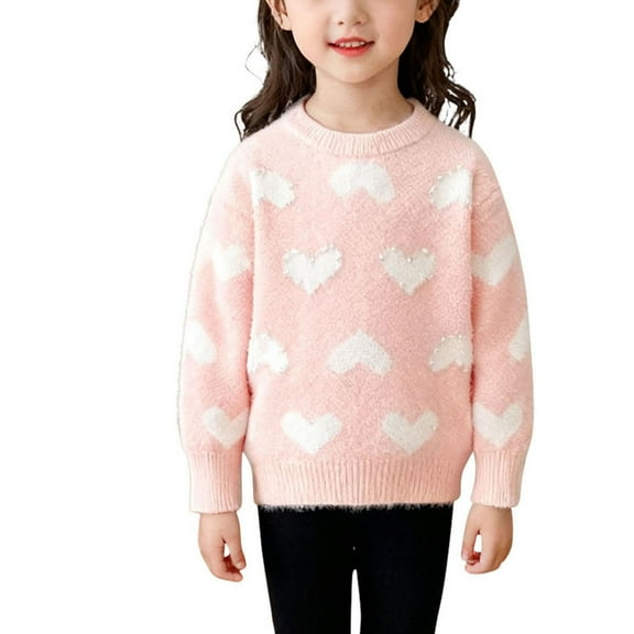 IVEYRTF Girls Pearl Heart Print Round Neck Cozy Warm Fall Winter French Knit Sweater Coat Outerwear for Kids 2-8 Years(Pink,2-3 Years)