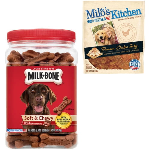 Milk-Bone Chewy Beef & Filet Mignon Snacks and Milo's Kitchen Premium Chicken Jerky Dog Treats Value Bundle
