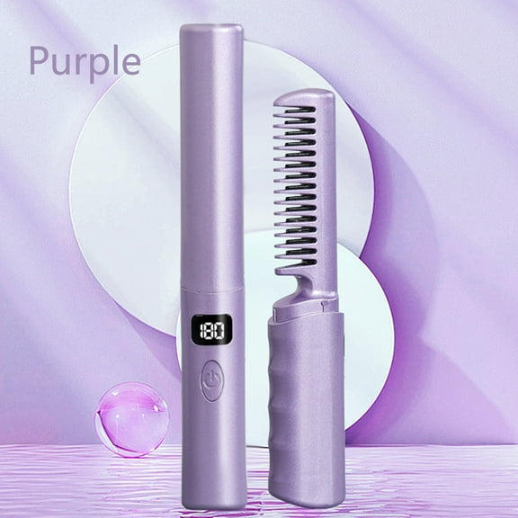 Lastkisy Mini Hair Straightener Brush,Portable Cordless Hair Straightener Conditioning Comb,USB Rechargeable & 3 Temp Settings LCD & Anti-Scald,Purple
