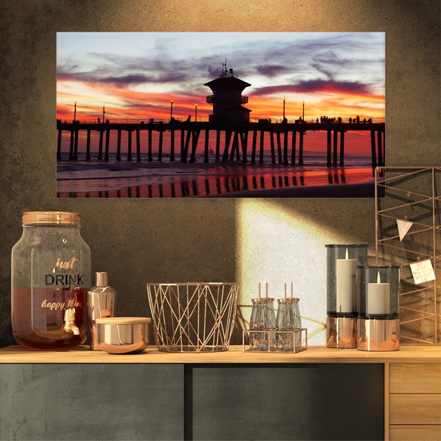 Pier California at Sunset with Clouds - Seashore Canvas Art Print