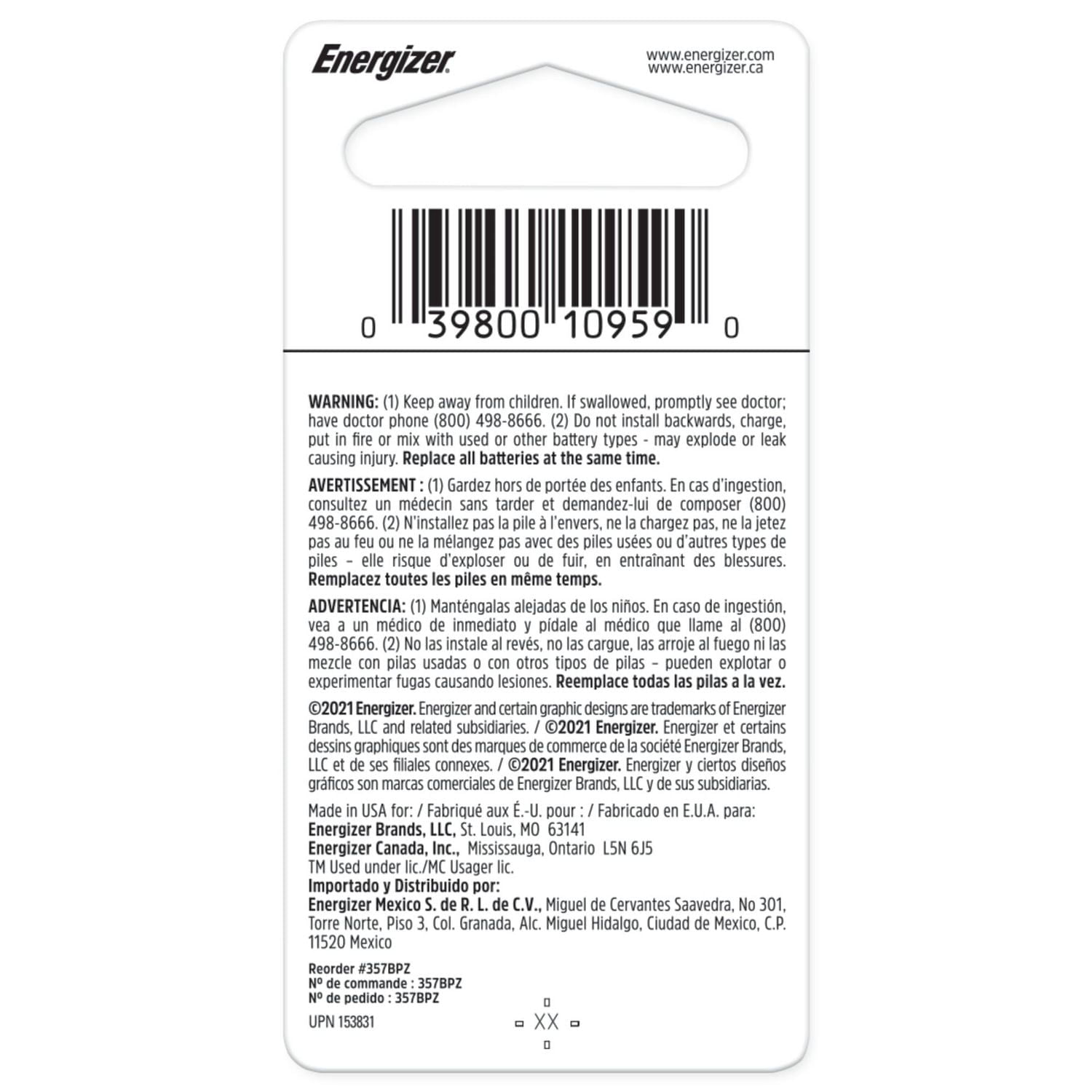 Energizer 357/303 Batteries (1 Pack), Button Cell Batteries, /303 Batteries Button Batteries