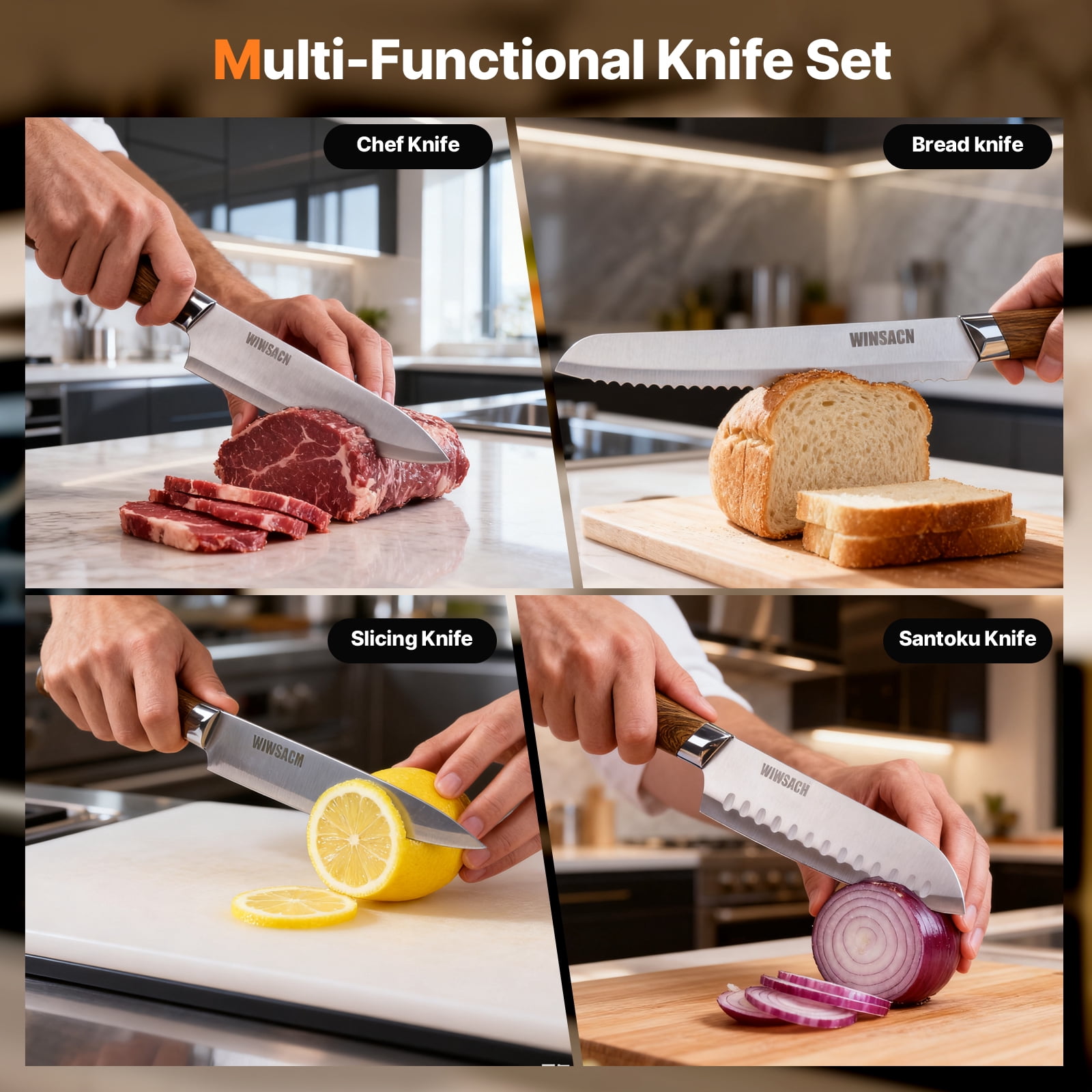 Knife Set, 14pcs Kitchen Knives Set with Block and Sharpener, Stainless Steel Ultra Sharp Knife Block Set, Dishwasher Safe, Non-Slip Handles, Brown, Mothers Day Gifts