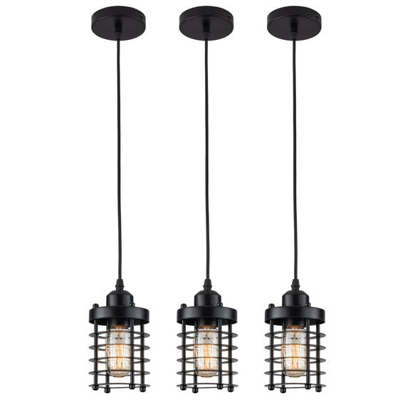 3 PCs Industrial Cylinder Pendant Light , Adjustable Metal Hanging Ceiling Light Fixture with Metal Lampshade for Kitchen Island Living Room Dining Room Black