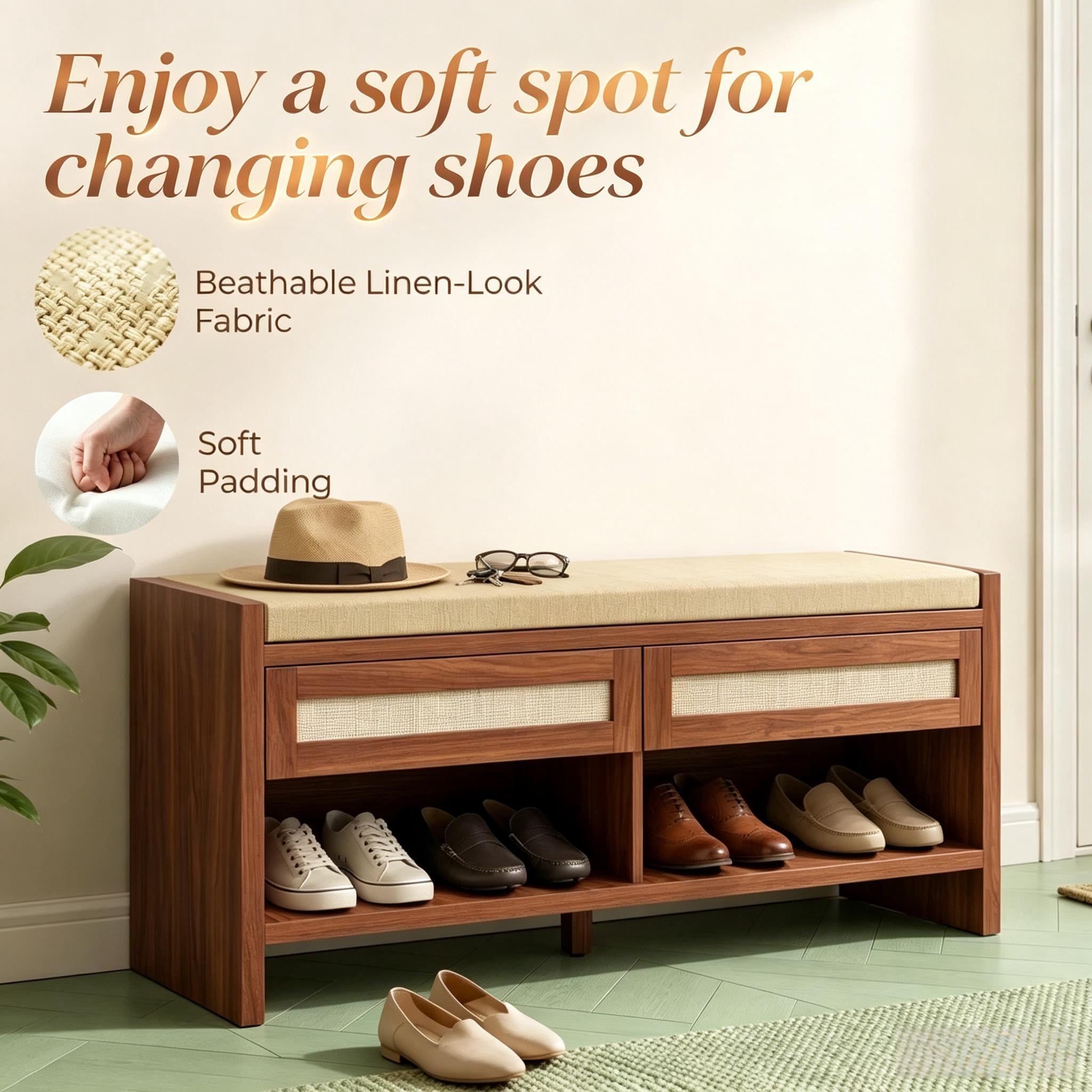 Shoe Bench with Cushioned Seat, 2 Rattan Drawers and Open Storage Shelf