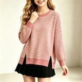 thumbnail image 5 of Girls Striped Sweater Cotton Knit Crew Neck Pullover Tops Girls Casual Fall Winter Clothes, 5-16, 5 of 7