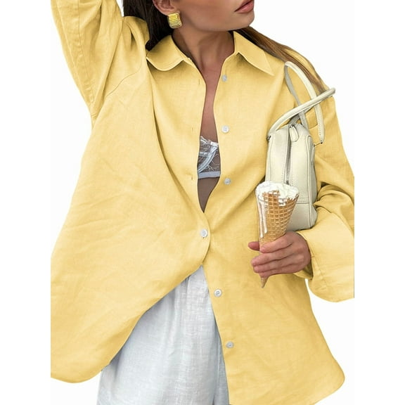 Womens 100% Cotton Button Down Shirt Yellow M