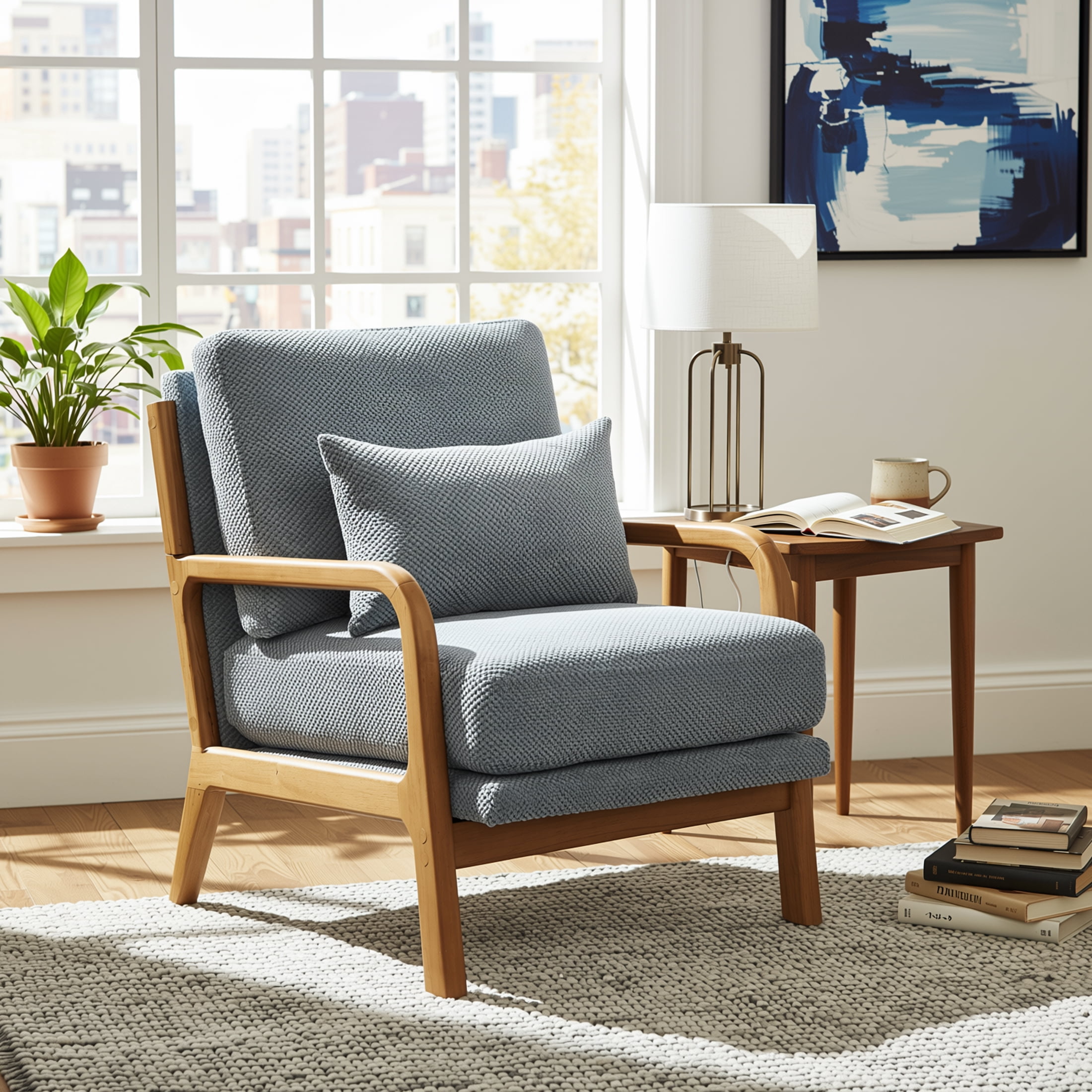 Homy Casa Mid-Century Modern Accent Chair, Textured Fabric Reading Armchair with Wood Frame, Gray